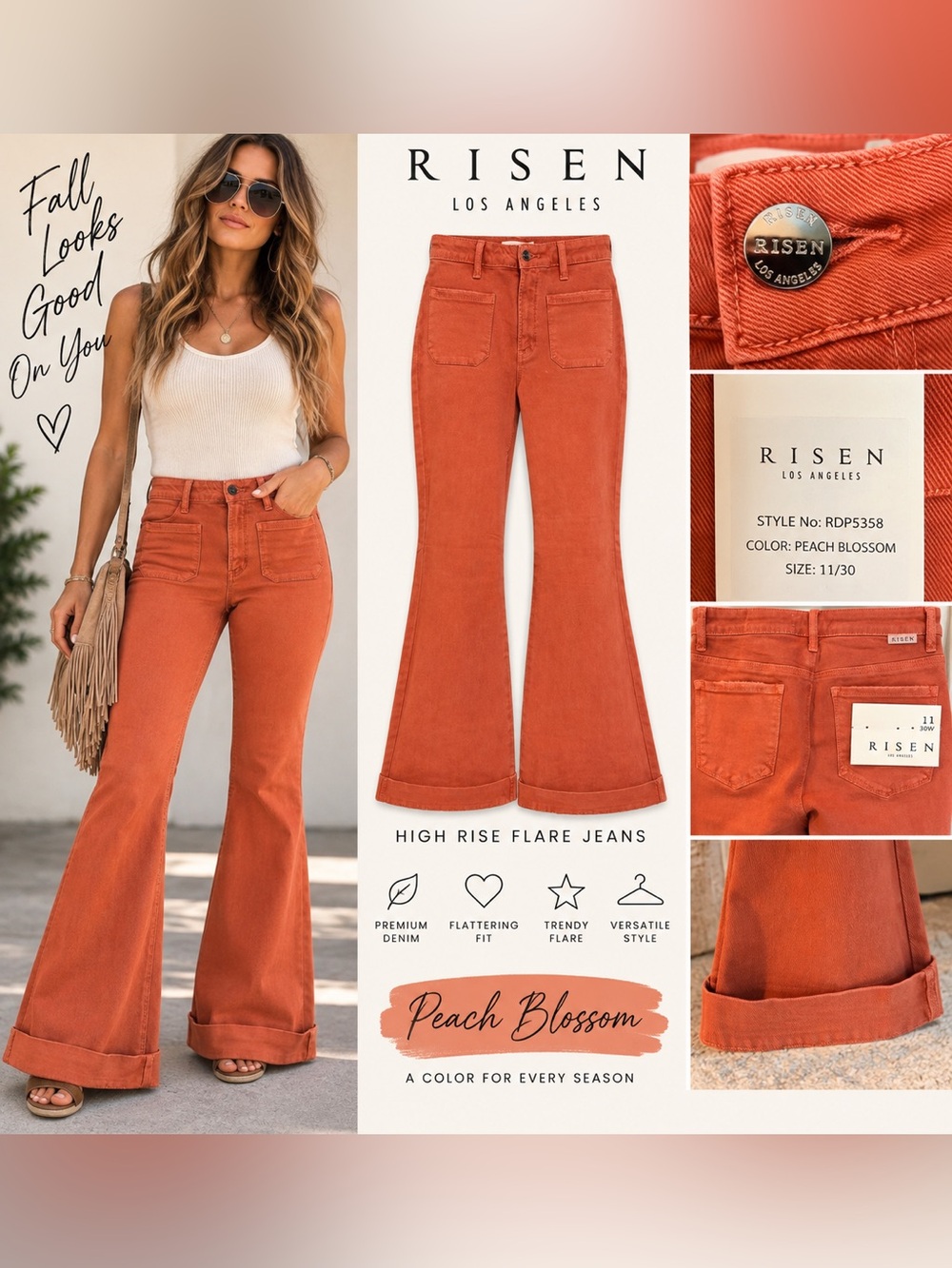 NWT RISEN Peach Blossom High Rise Flare Jeans Size 11/30 RDP5358